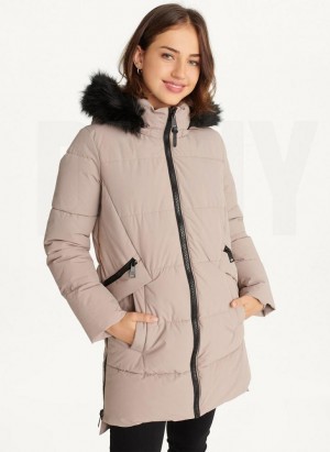 Beige DKNY Double-Pocketed Faux-Fur Long Puffer Women's Coats | Malaysia_D1534