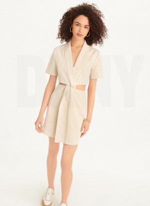 Beige DKNY Linen Cut Out Women's Dress | Malaysia_D0169