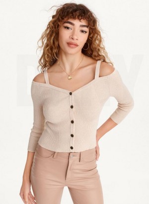 Beige DKNY Long Sleeve Cold Shoulder Women's Sweaters | Malaysia_D1238
