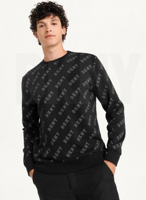 Black DKNY All Over Logo French Terrycrewneck Men's Sweatshirts | Malaysia_D0440