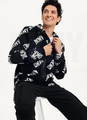 Black DKNY All Over Logo Sherpa Men's Jackets | Malaysia_D0333