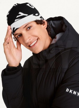 Black DKNY Allover Logo Men's Beanie | Malaysia_D1855
