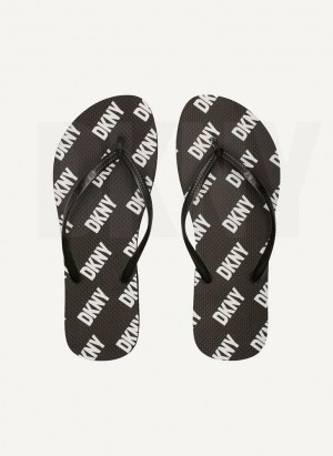 Black DKNY Allover Logo Men's Flip Flops | Malaysia_D1808