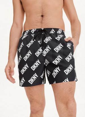 Black DKNY Allover Logo Swims Men's Shorts | Malaysia_D1797