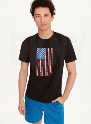 Black DKNY American Flag Logo Men's T Shirts | Malaysia_D1306