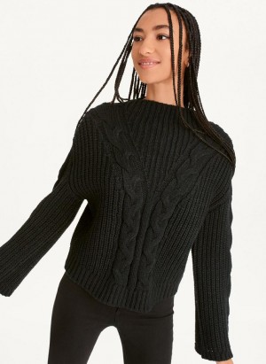 Black DKNY Cable Knit Women's Sweaters | Malaysia_D1759