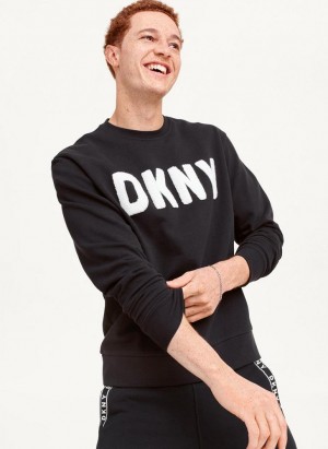 Black DKNY Chenille Logo Crewneck Men's Sweatshirts | Malaysia_D0320