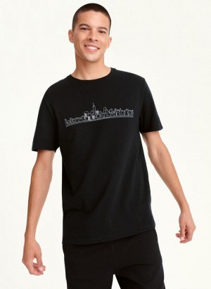 Black DKNY Cityscape Sketch Men's T Shirts | Malaysia_D1232