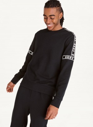 Black DKNY Cotton French Terry Hockey Crewneck Men's Sweatshirts | Malaysia_D0171