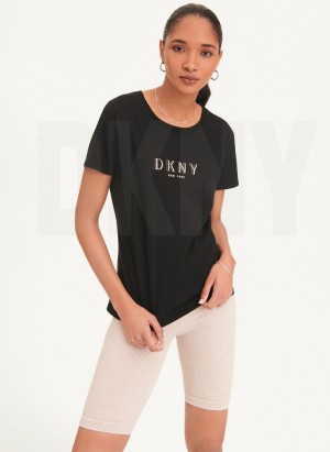 Black DKNY Crinkle Foil Spec Logo Women's T Shirts | Malaysia_D1500