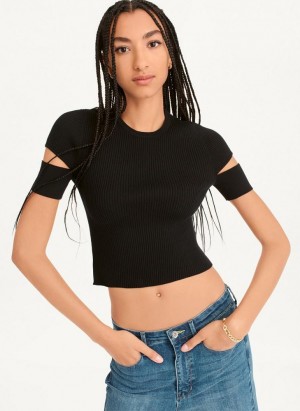 Black DKNY Cut Out Knit Women's T Shirts | Malaysia_D1648