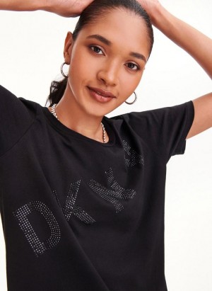Black DKNY Diagonal Rhinestone Logo Women's T Shirts | Malaysia_D0944
