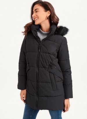 Black DKNY Double-Pocketed Faux-Fur Long Puffer Women's Coats | Malaysia_D0660