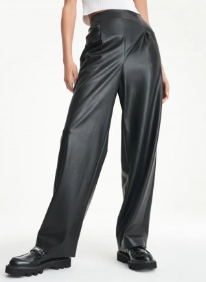 Black DKNY Elastic Rib Waist Faux Leather Women's Pants | Malaysia_D0510