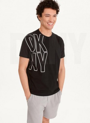 Black DKNY Exploded Logo Outline Men's T Shirts | Malaysia_D0919