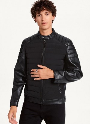 Black DKNY Faux-Leather Contrast Motocross Men's Jackets | Malaysia_D0618