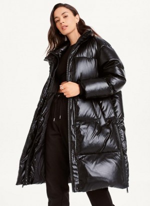 Black DKNY Faux Leather Long Puffer Women's Coats | Malaysia_D1736