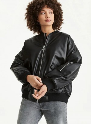 Black DKNY Faux Leather Oversized Bomber Women's Jackets | Malaysia_D1192