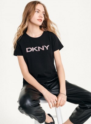 Black DKNY Glitter Logo Women's T Shirts | Malaysia_D1712