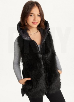 Black DKNY Hooded Puffer Vest With Faux Fur Front Women's Coats | Malaysia_D0612