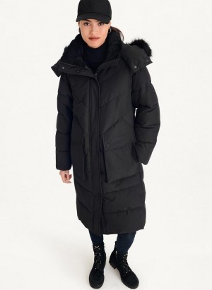 Black DKNY Long Puffer With Faux Fur Hood Women's Coats | Malaysia_D0155