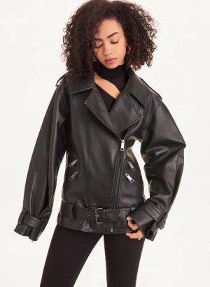 Black DKNY Long Sleeve Oversized Retro Moto Women's Jackets | Malaysia_D0814