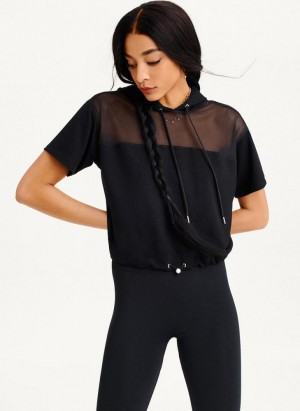 Black DKNY Mesh Blocked Short Sleeve Women's Hoodies | Malaysia_D1441