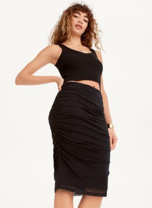 Black DKNY Mesh Side Ruch Midi Women's Skirts | Malaysia_D1111