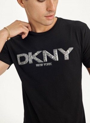 Black DKNY Metallic Puff Logo Men's T Shirts | Malaysia_D0145