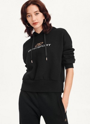 Black DKNY Mixed Distressed Metallic Logo Cropped Women's Hoodies | Malaysia_D0717