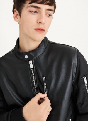 Black DKNY Mixed Media Faux Leather Bomber Men's Jackets | Malaysia_D0946