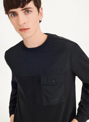 Black DKNY Mixed Media Pocket Long Sleeve Knit Men's T Shirts | Malaysia_D1596