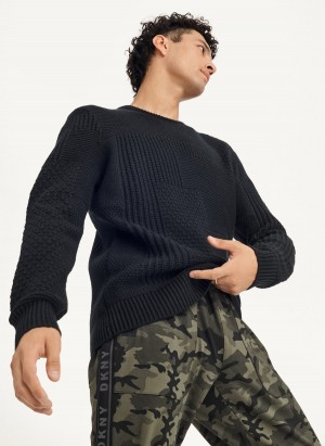 Black DKNY Patchwork Stitch Crewneck Men's Sweaters | Malaysia_D0542