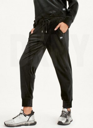 Black DKNY Platinum Velour Relaxed Women's Joggers | Malaysia_D1135