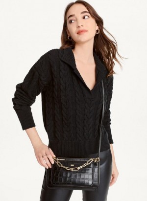 Black DKNY Polo Cable knit Women's Sweaters | Malaysia_D0580