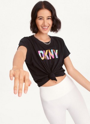 Black DKNY Pride Logo Knot Front Women's T Shirts | Malaysia_D0531