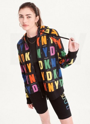 Black DKNY Pride Logo Zip Front Women's Hoodies | Malaysia_D0117