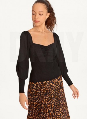 Black DKNY Puff-Sleeve Sweatheart Women's Sweaters | Malaysia_D0628