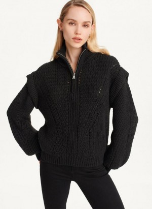 Black DKNY Quarter Zip Cable Knit Women's Sweaters | Malaysia_D1507