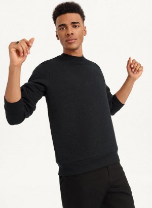 Black DKNY Quilted Knit Allover Logo Crewneck Men's Sweatshirts | Malaysia_D1556