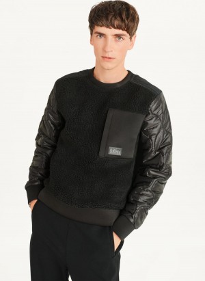 Black DKNY Quilted Sleeve Crew Neck Men's Sweatshirts | Malaysia_D0781
