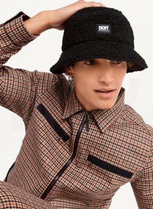 Black DKNY Reversible Quilt & Sherpa Bucket Men's Hats | Malaysia_D1010