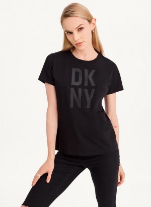 Black DKNY Rhinestone Glitter Logo Women's T Shirts | Malaysia_D0786