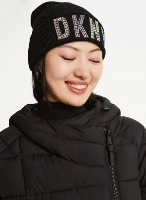 Black DKNY Rhinestone Patch Logo Beanie Women's Beanie | Malaysia_D0330