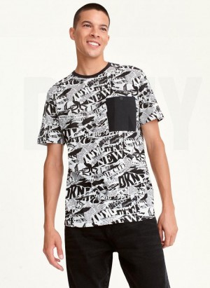 Black DKNY SHREDDED NEWSPAPER Men's T Shirts | Malaysia_D1418