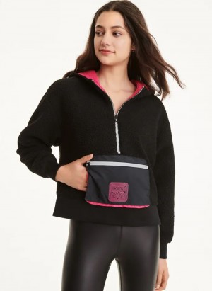Black DKNY Sherpa with Kangaroo Pocket Women's Hoodies | Malaysia_D0121
