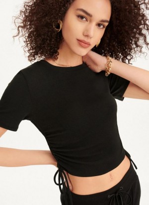 Black DKNY Short Sleeve Side Ruched Women's T Shirts | Malaysia_D0166