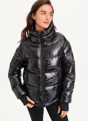 Black DKNY Short Wet Puffer Women's Coats | Malaysia_D0519