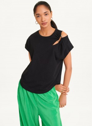Black DKNY Shoulder Cut Out Women's T Shirts | Malaysia_D1755