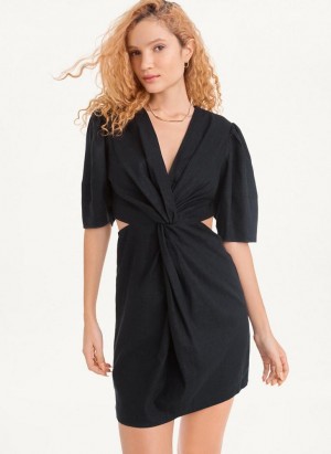 Black DKNY Side Cut Linen Mini Women's Dress | Malaysia_D1006